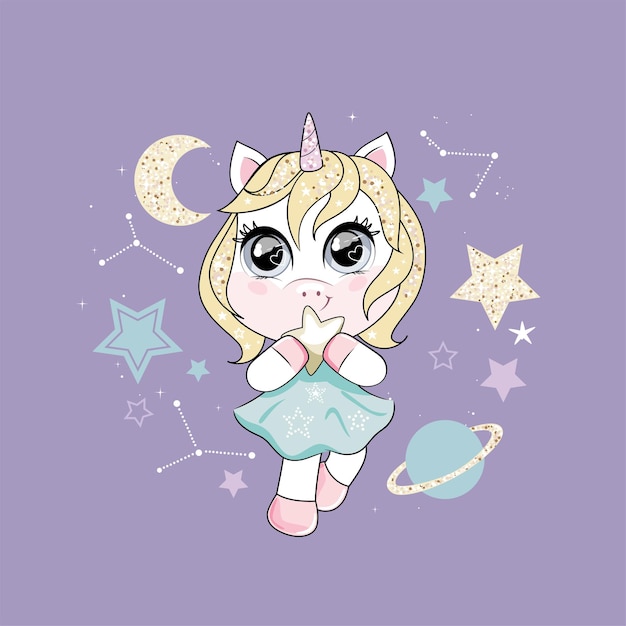 Cute little unicorn with blonde hair holding star and dancing in the night sky. Trendy style, modern pastel colors.