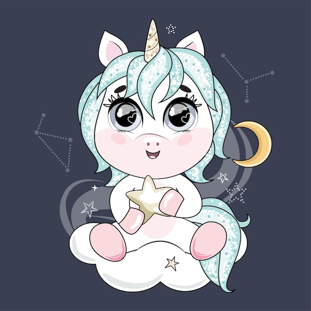 Cute little unicorn with blue hair holding star and sitting on the cloud in the night sky.