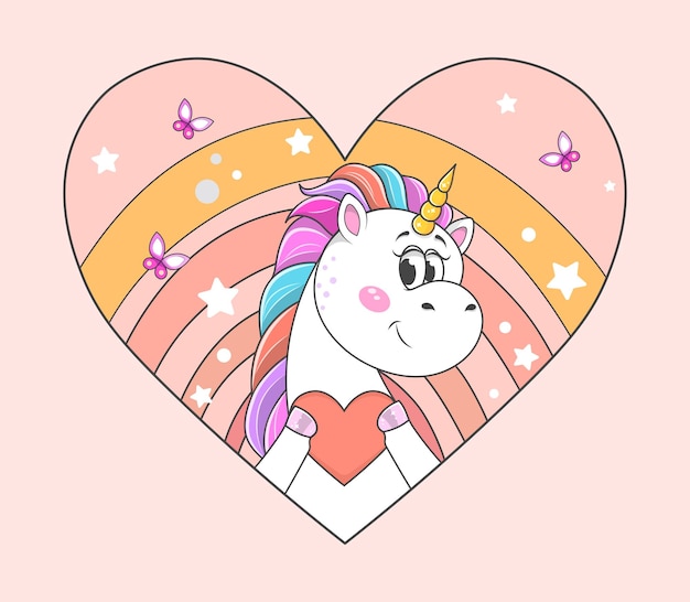 Piccola unicorno carina con i capelli colorati che tiene un cuore rosso su uno sfondo rosa concetto di stile alla moda