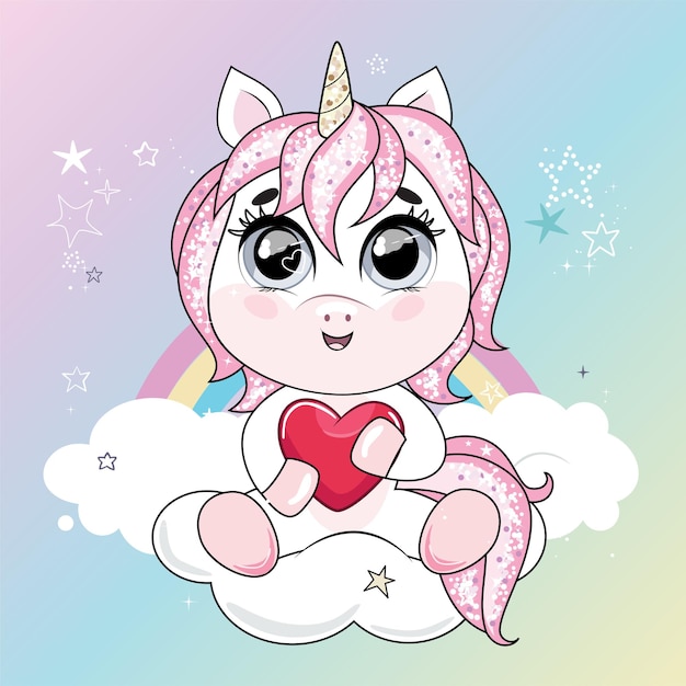 Cute little unicorn with pink hair holding heart and sitting on the cloud in the sky. Trendy style, modern pastel colors.