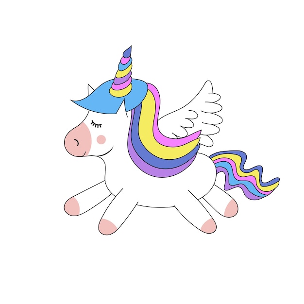 Cute little unicorn with wings is flying Cartoon illustration