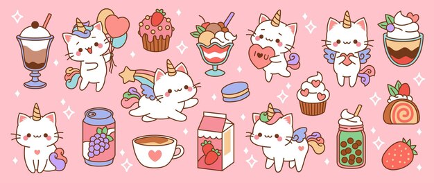 Vettore piccoli unicorni carini gatti dolci dolci dessert e bevande frutta latte e animali fate kawaii animali domestici arcobaleno con cupcakes adesivi cartoni animati gattini fantasia adorabili set isolato vettoriale ordinato