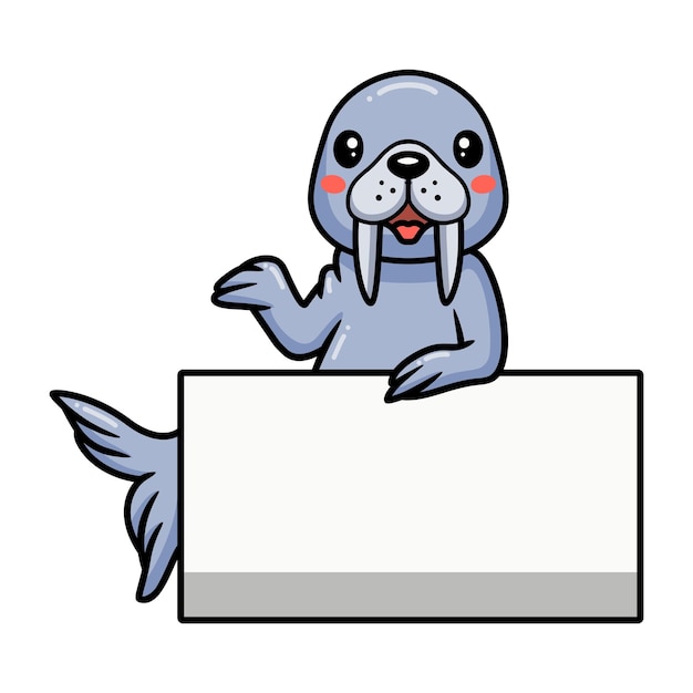 Cute little walrus cartoon with blank sign