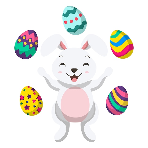 Vector cute little white bunny junggling easter egg