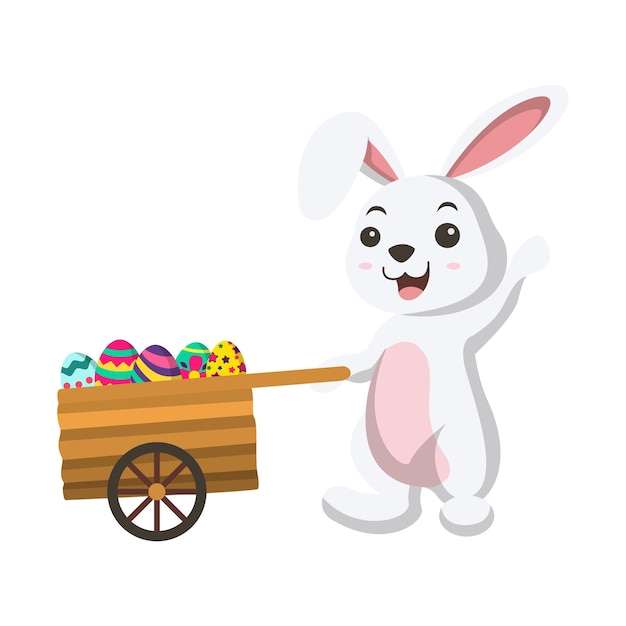 부활절 달걀의 카트와 함께 귀여운 작은 흰색 토끼