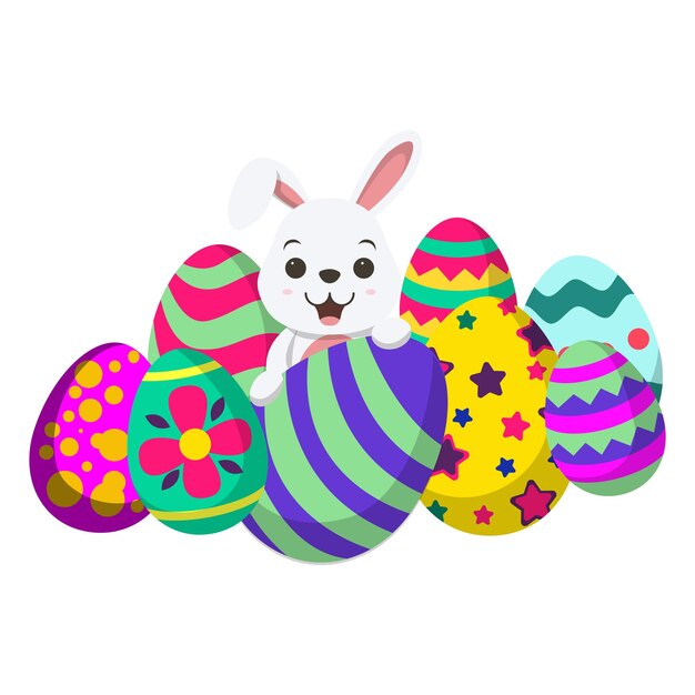 cute little white bunny with many easter egg