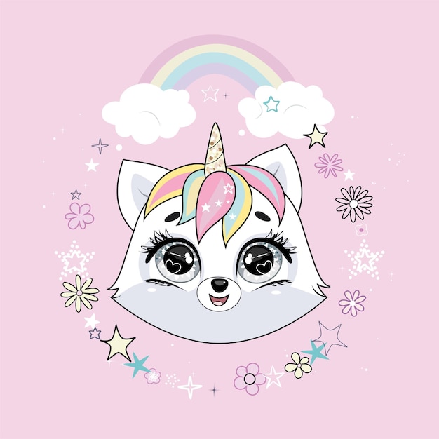 Cute little white cat unicorn or caticorn head in round frame with flowers and stars and with rainbow. pastel soft colors.