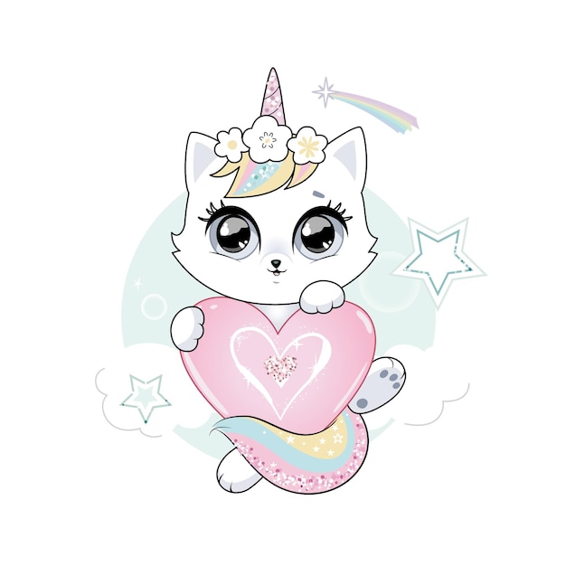 Vector cute little white cat unicorn or caticorn pastel soft colors