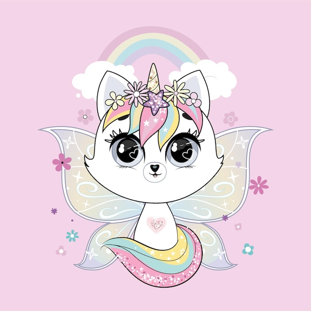 Cute little white cat unicorn or caticorn with butterfly wings over wall with rainbow. pastel soft colors.