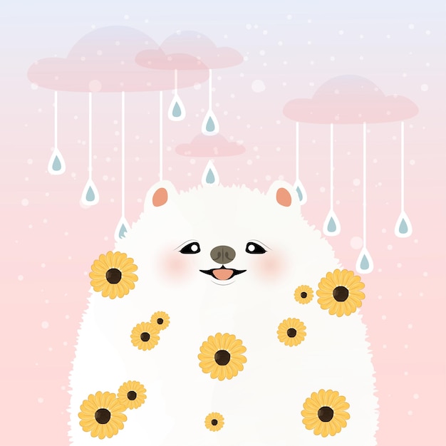 Vector cute little white dog with orange flowers