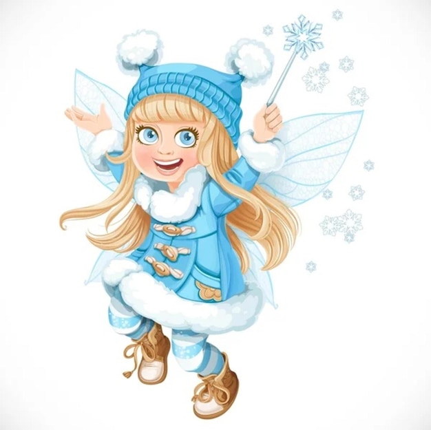 Cute little winter fairy girl in a blue coat with a Magic wand