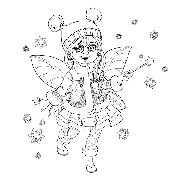 Cute little winter fairy girl with a Magic wand outlined picture for coloring isolated on a white background