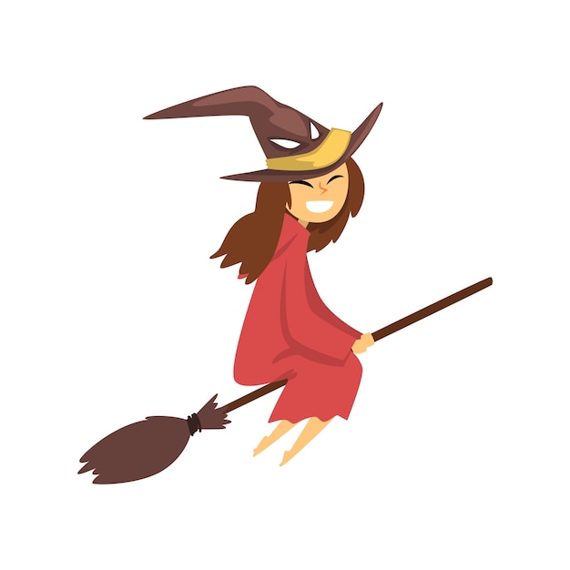 Vector cute little witch character flying with broom cartoon vector illustration isolated on a white background