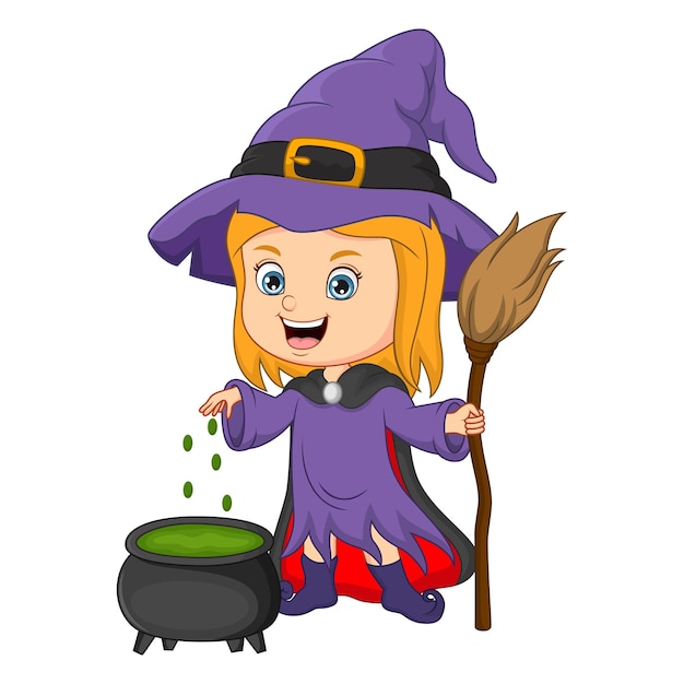 Vector cute little witch cooking a potion in cauldron