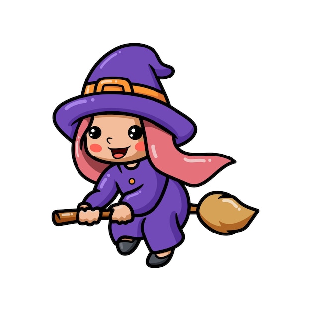 Cute little witch girl cartoon on broomstick