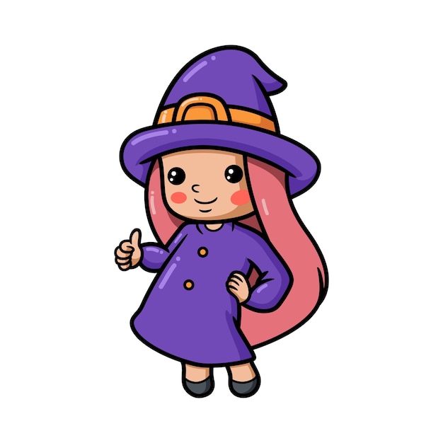 Милая маленькая ведьма девушка мультфильм давая большой палец вверх