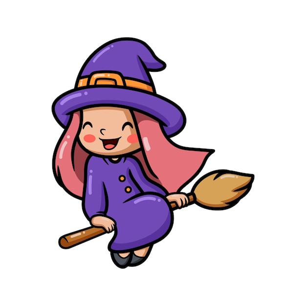 Cartone animato carino piccola strega ragazza seduta sul manico di scopa