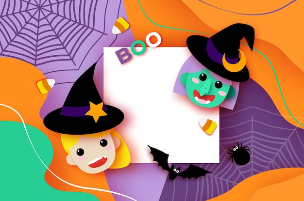 Cute little witch. scary green skin witch. happy halloween. monsters paper cut style. funny trick or treat. bat, spider, web, candy. square space for text orange purple