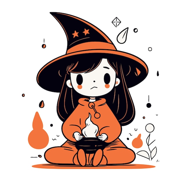 Vector cute little witch sitting on the floor and holding a magic wand vector illustration