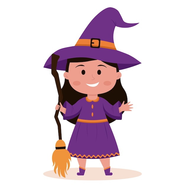 Cute little witch with a magic broom Vector illustration