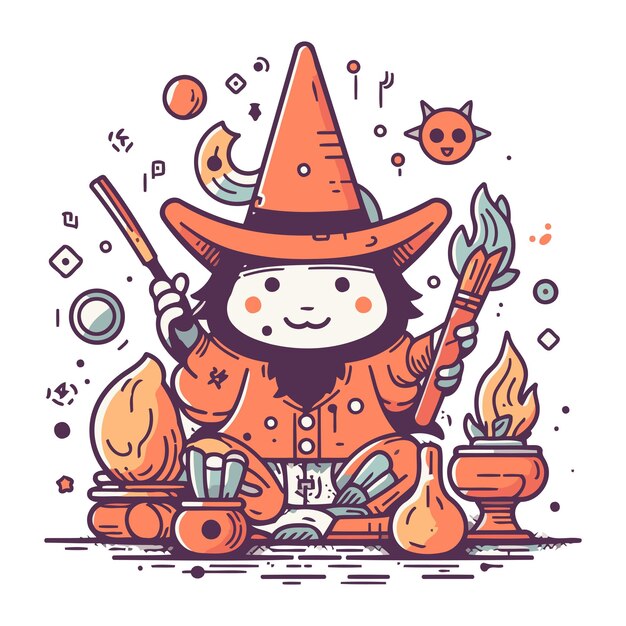 Vector cute little witch with magic wand and magic potion vector illustration