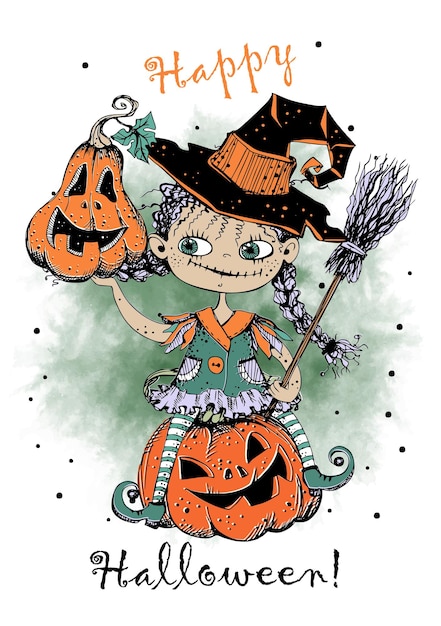 Cute little witch with pumpkins Halloween Vector