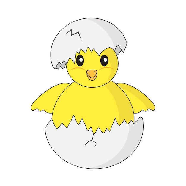 Cute little yellow chicken just hatched from an egg Vector illustration