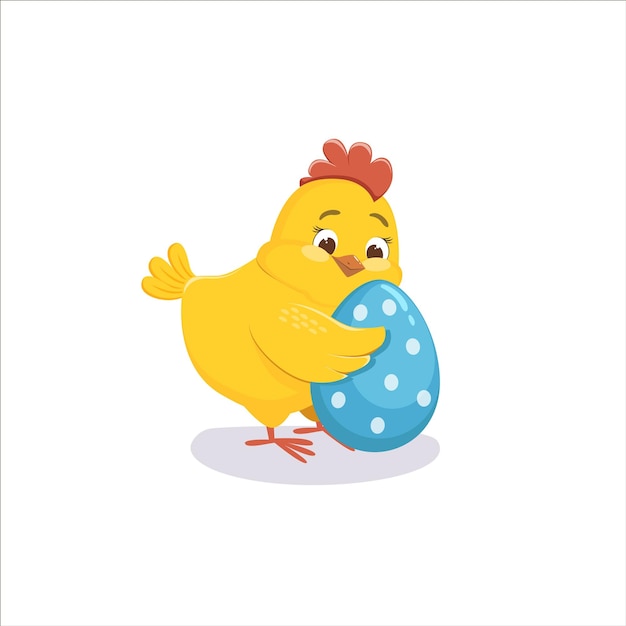 Vector cute little yellow chicken sits in the shell from the egg and laughs funny easter symbol or template for greeting card or festive poster