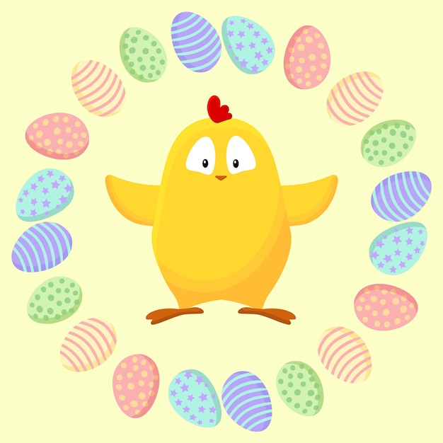 Cute little yellow chicken in a wreath of easter eggs