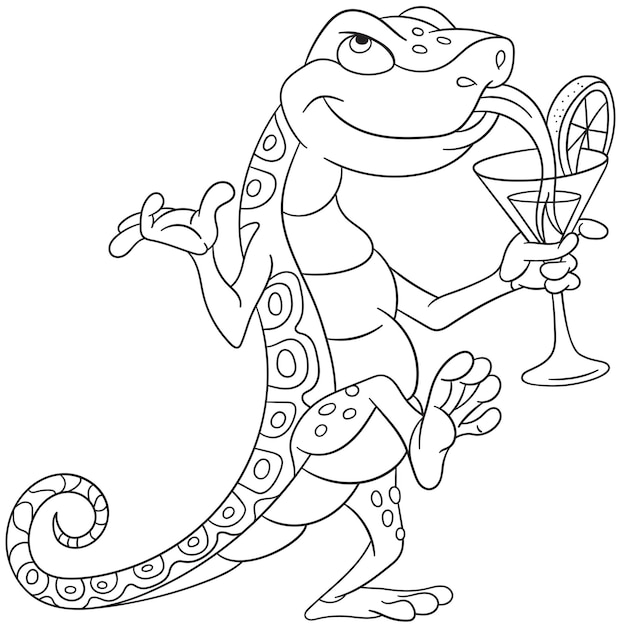 Vector cute lizard drinking cocktail. cartoon coloring book page for kids.