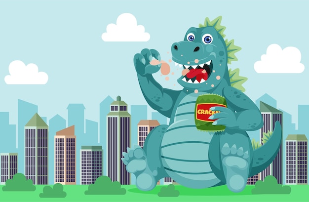 Vector cute lizard monster cartoon character eating crackers snack in the city