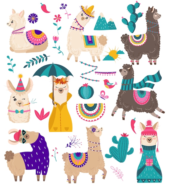 Cute llama, funny alpaca cartoon characters illustration