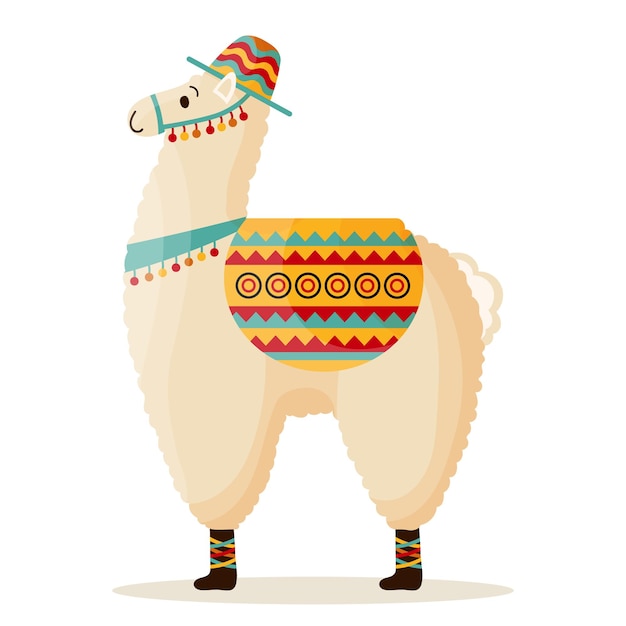 Lama carino in un cappello con una sella, alpaca messicana. simbolo del messico e del perù. illustrazione, vettore