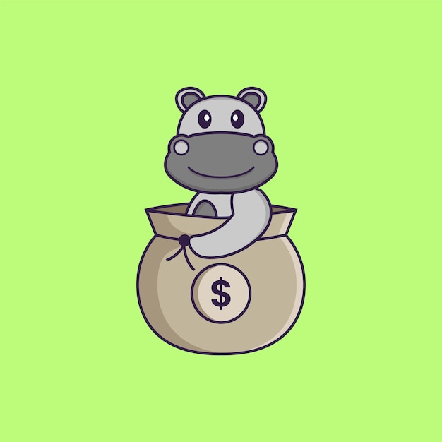 Cute llama in a money bag. animal cartoon concept isolated. flat cartoon style