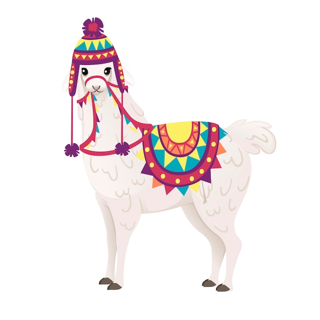 Cute llama wearing decorative saddle and hat with patterns cartoon animal design flat vector illustration isolated on white background side view.