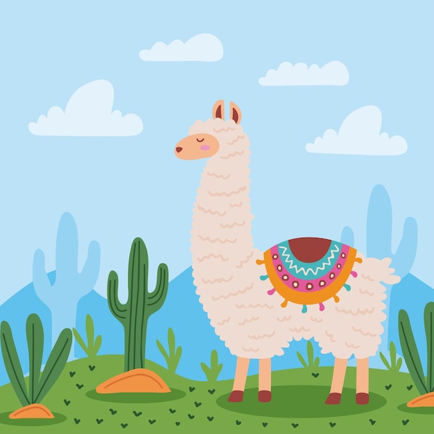 Vector cute llama with cactus