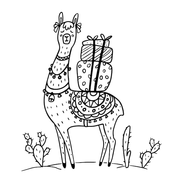 Cute Llama with present boxes Outline Coloring book Premium Vector