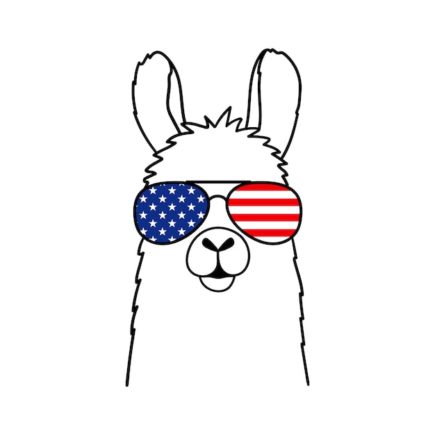 Cute llama with sunglasses and USA Flag print Vector illustration isolated on white background