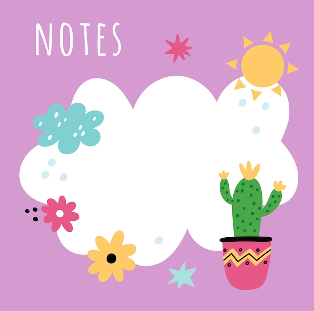 귀여운 라마 주간 플래너 꽃과 태양이 있는 메모지 디자인 빈 알림 페이지 알파카 사막 식물 일기 카드 재미있는 구름과 관엽 식물 벡터 주최자 메모지 템플릿