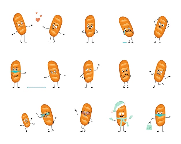 Personaggio simpatico pagnotta di pane con emozioni gioiose faccia felice sorriso braccia e gambe