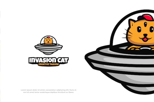 Cute Logo Alien UFO Cat Mascot Animal Vector Illustration