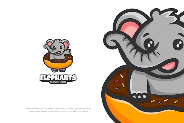 Cute Logo Elephant Donut Mascot Animal Vector Illustration