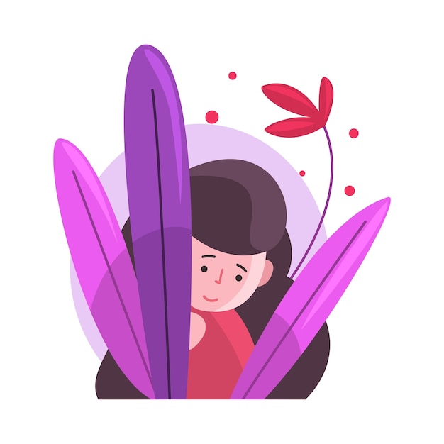 cute long haired brunette girl hiding and peeking out of colorful dense grass vector illustration on white background