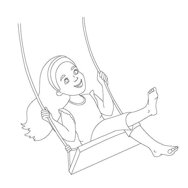 Cute long haired girl sitting on rope swing Outline vector illustration isolated on white for coloring book