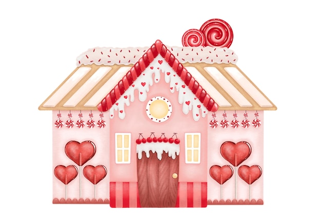 Casa di caramelle d'amore carina con decorazione a cuore per sfondo o saluto