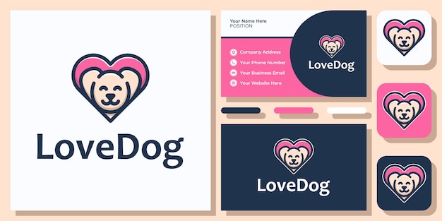 Cute love dog pet puppy animal happy paw care design moderno e semplice con logo con modello di biglietto da visita