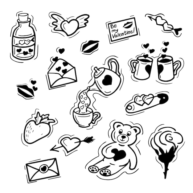 Cute love doodle set of hand drawn elements with hearts letters cups potion flower