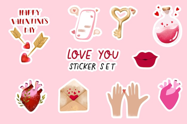 Vector cute love sticker set beautiful printable vector stickers hands envelope key phone heart