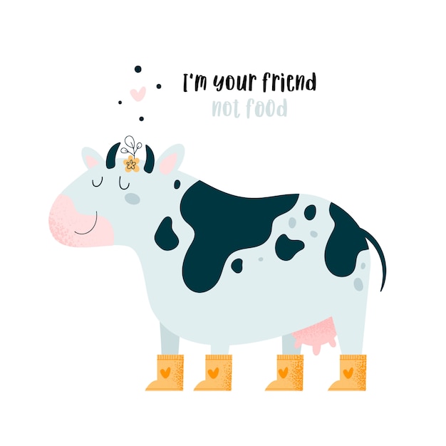 Vector cute lovely animal cow bull. save and love animals. farm animal. go vegan