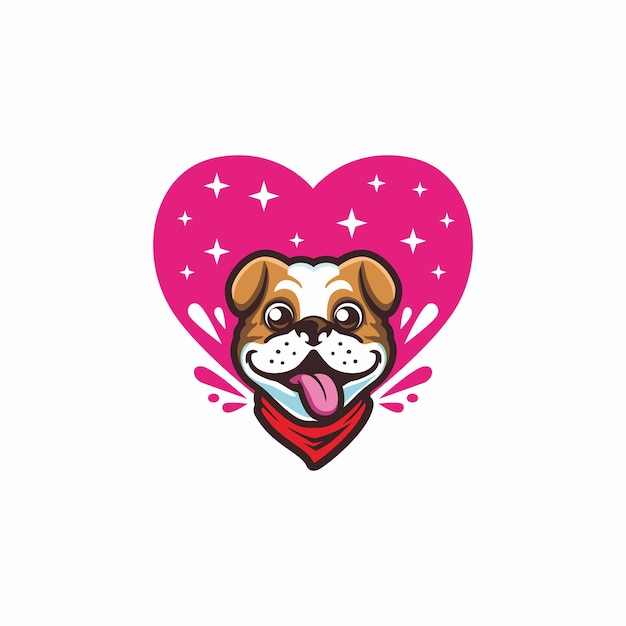Vettore simpatico buldog adorabile con logo rosa amore sfondo mascotte vettore